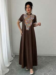 Rafferiza Contrast Color Embroidery Stand Collar Rhinestone Decor Loose Women Long Dress - Brown - View 6