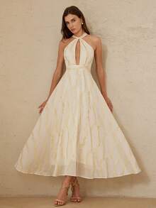 Aveloria Rosie 优雅简约，大方海滩度假约会之夜浪漫奢华高端设计，精致重工刺绣面料，露背深V镂空设计，收腰显瘦，超大摆长款无袖连衣裙 - 杏色 - 查看 4