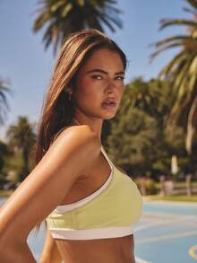 Aralina Leisurewear Active Women's Double Layer Contrast Colour Halterneck And Cross Back Detail Cropped Gym Workout Top - Multicolor - View 6