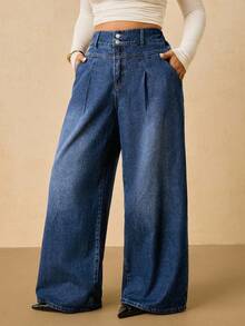 SHEIN PETITE CURVE 夏季加大码女式小码曲线休闲日常通勤高腰口袋阔腿宽松百搭蓝色牛仔裤 - 深色水洗藍 - 查看 4