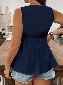 SHEIN LUNE Áo tank top nữ cỡ lớn, màu trơn, thiết kế cài nút, viền bèo nhún, kiểu dáng thường ngày, thích hợp cho mùa hè. - Màu xanh hải quân - Xem 2