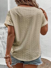 EMERY ROSE Kaos Khaki Kasual Dasar Leher V dengan Manset Lipat, Kain Jacquard, Ukuran Besar - Khaki - View 2