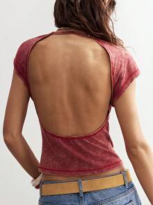 Bohemela Casual Solid Color Backless Knit T-Shirt For Women,Red Top - Red - View 1