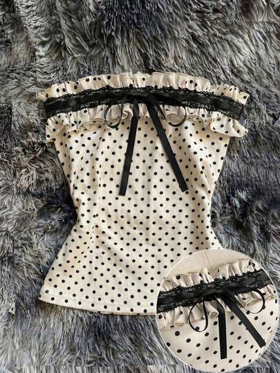 Attitoon Vintage Polka Dot Ruffle Tie Blouse For Women