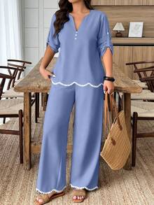 Weeklong Plus Size Women's Spring/Summer Arched Color Block Floral Trim Casual 2 Pieces Set Fall - Dusty Blue - View 5
