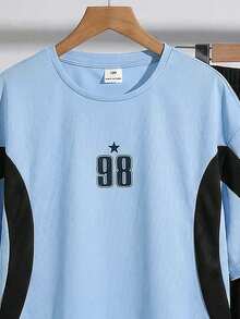SHEIN 2pcs/Set Tween Boy Casual Colorblock Sports Graphic Round Neck Short Sleeve Top And Pants Set, Suitable For Commuting, School, Daily Casual Wear, Sports, Spring/Summer - Blue - View 4