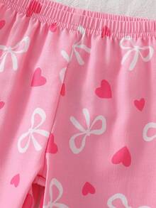 Conjunto de pijama para bebé niña con cardigan de cuello con lazo en forma de corazón, de manga corta y pantalones - Rosa - Ver 5