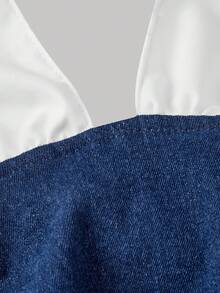 SHEIN MOD Vestido de mezclilla con cuello halter, cintura fruncida y volantes en el bajo, en color contrastante - Azul - Ver 3