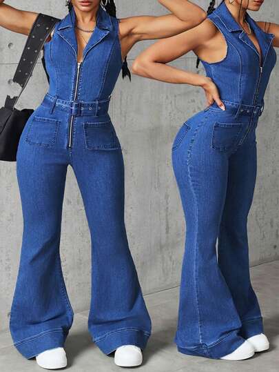 Jeanoix Bộ jumpsuit denim dáng suông không tay, cổ ve lật, khóa kéo phía trước dành cho nữ cỡ lớn, kiểu dáng thường ngày, dành cho nữ.