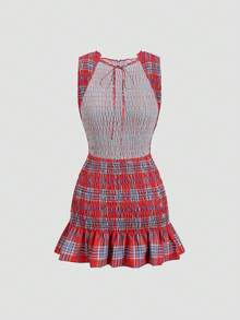 Sweetra Đầm nữ không tay cổ tròn in họa tiết kẻ caro, thích hợp cho năm mới, mùa hè. - Đỏ - Xem 2