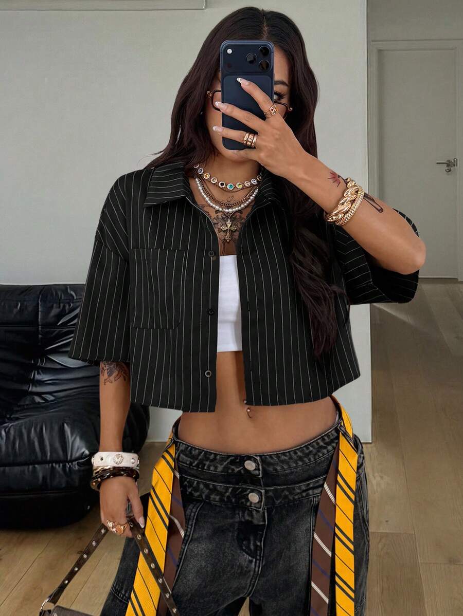 Coolane 女士春夏复古学院风格子宽松露脐上衣红色衬衫，适合新年穿着 - 黑色 - 查看 1