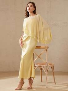 BELROSIE Elegant Women's Satin Slip Dress With Chiffon Fringe Hem Shawl, Luxury Design For Dates, Two Pieces Set - Beige - View 2