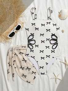 SHEIN Conjunto de traje de baño para niñas preadolescentes, de tela de punto blanca con lazo lindo, estilo elegante y casual, adecuado para nadar, vacaciones de verano, playa, piscina, fiesta de vacaciones - Multicolor - Ver 7