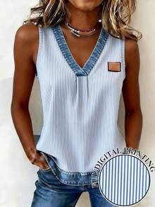 EMERY ROSE Women's Vertical Striped V-Neck Casual Versatile Tank Top - Blue - View 1