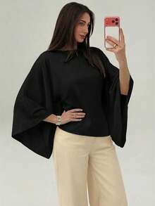 Aloruh Áo sơ mi công sở cổ thuyền tay phồng eo thon - màu đen - Xem 5