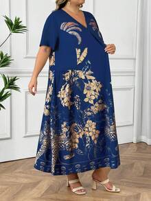 SHEIN CURVE+ Đầm cỡ lớn kiểu dáng thường ngày in họa tiết da báo và hoa - Màu xanh lam - Xem 5