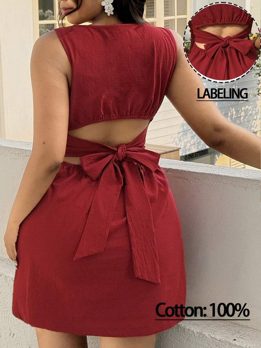 Solflare 大码休闲纯色系带无袖露脐上衣连衣裙 - 酒紅色 - 查看 1