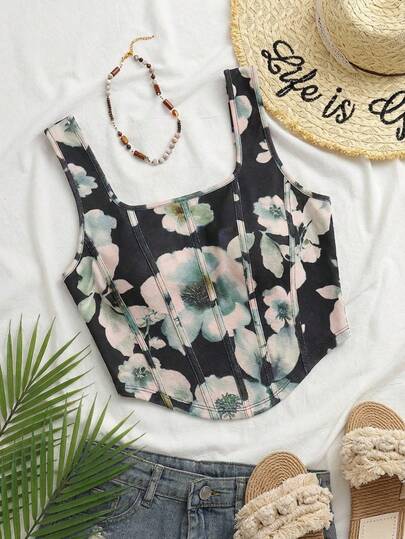 SHEIN VCAY Plus Size Floral Print Square Neck Sleeveless T-Shirt Printed Top Knitted Top Summer Top Sexy 	Cute Top Vacation Top  Holiday Outfit Boho Country Style Island Vacation Beach Vacation