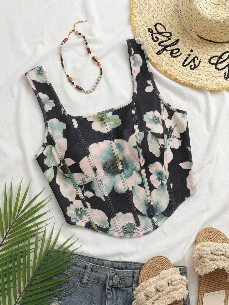 SHEIN VCAY 大码印花方领无袖T恤 - 黑色 - 查看 1