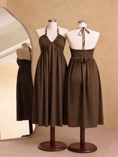 Elaquor Plus Size Women's Solid Color Pleated Halter Tie-Up Backless Elegant Waist Cinched Party Dress