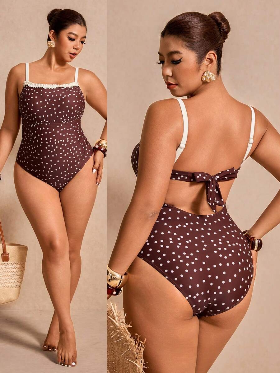 Elaquor 大码女式波点印花荷叶边连体泳衣 - 咖啡棕 - 查看 1