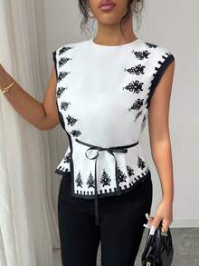 SHEIN Elenzya Elegant Commuter Casual Daily Fitted Dual-Color Placement Print Bowknot Strap Asymmetrical Women Blouse - White - View 6