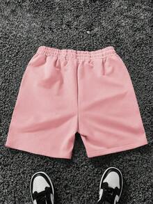 Manfinity Homme Quần short nam dáng rộng, họa tiết người ngoài hành tinh và chữ cái, cạp chun, có dây rút. - Hồng - Xem 2