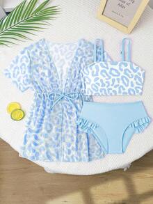 女童（小号）泳衣套装，可爱粉色豹纹三件套泳衣，时尚休闲优雅，适合游泳、度假、夏季穿着 - 藍色 - 查看 1