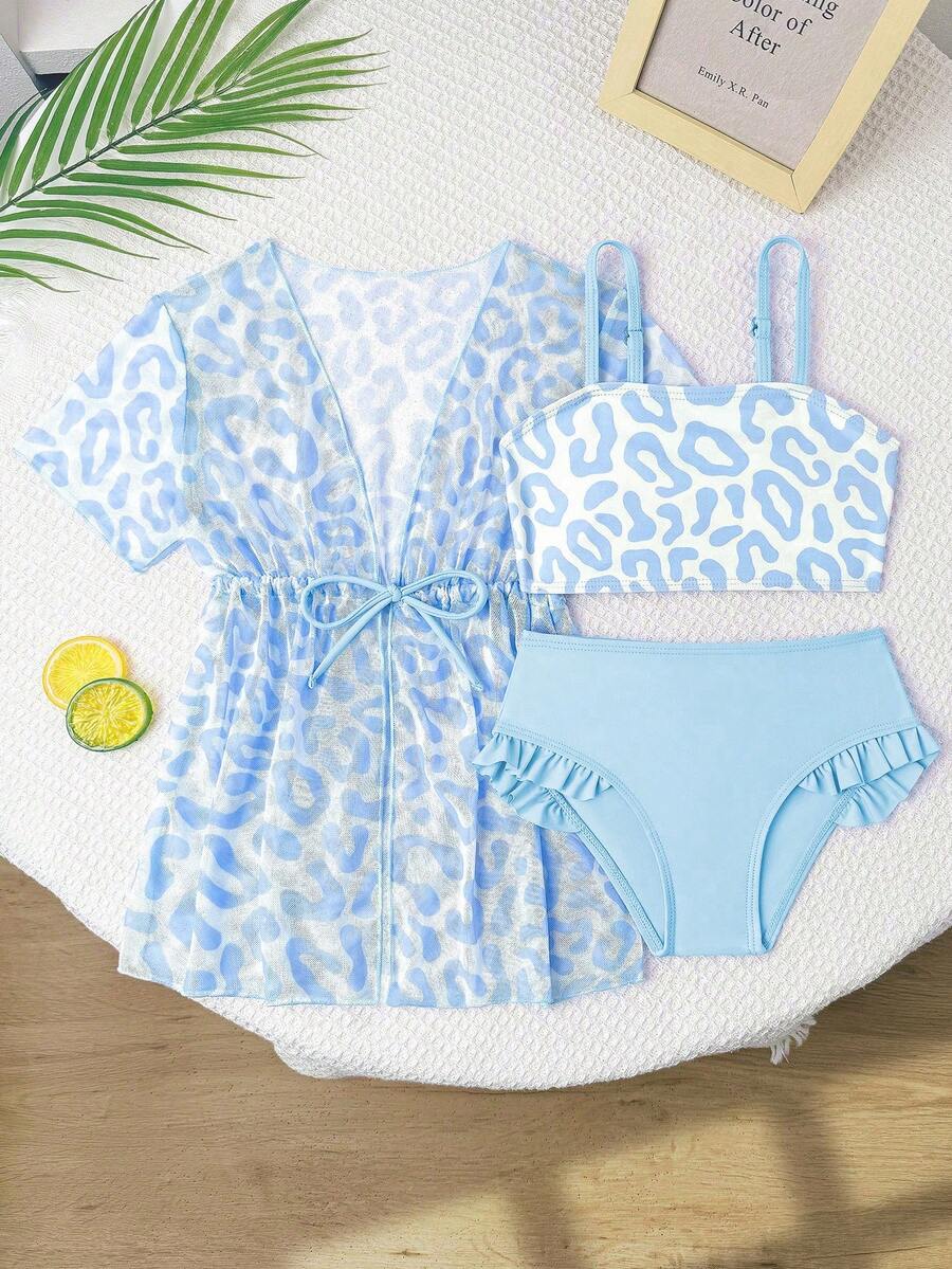 女童（小号）泳衣套装，可爱粉色豹纹三件套泳衣，时尚休闲优雅，适合游泳、度假、夏季穿着 - 藍色 - 查看 1