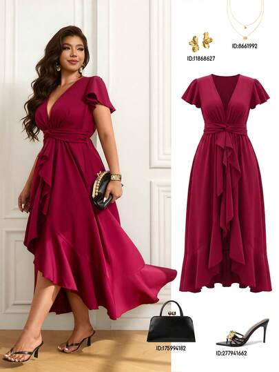 Femmeverse Plus Size Women Solid Color Elegant Asymmetric Ruched V-Neck Dress