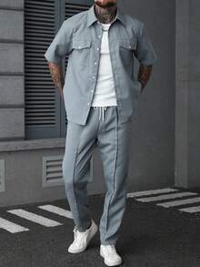 SLATEMANN 男士纯色短袖单排扣口袋衬衫和裤子休闲套装，男士休闲两件套，男士套装，男士短袖衬衫和裤子套装，男士街头服饰套装，男士灰色套装，适合复古风格、日常休闲、周末旅行、户外活动、探险旅行、轻松的工作环境或半正式场合，可作为男友/丈夫礼物、周年纪念/生日礼物、派对、夏季假期、婚礼、春夏男士邮轮套装、游艇套装、沙滩套装。 - 藍色 - 查看 5