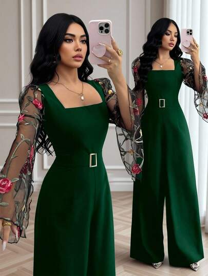Rafferiza 2026 Spring/Summer New Elegant Minimalist Long Sleeve Embroidered Mesh Patchwork Fitted Waist Metal Button Jumpsuit For Women Green Jumpsuit Long Sleeve Jumpsuit Women's Dressy Jumpsuit Floral Embroidered Sleeves Elegant Jumpsuit For Women Work From Home Outfits Work Outfits Women Wow Dress