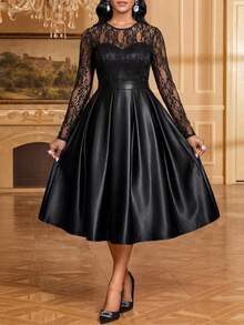 Lady Vestido midi elegante de mujer con parches de lentejuelas y malla transparente plisada, adecuado para fiestas y banquetes de primavera, verano y otoño - Negro 2 - Ver 6