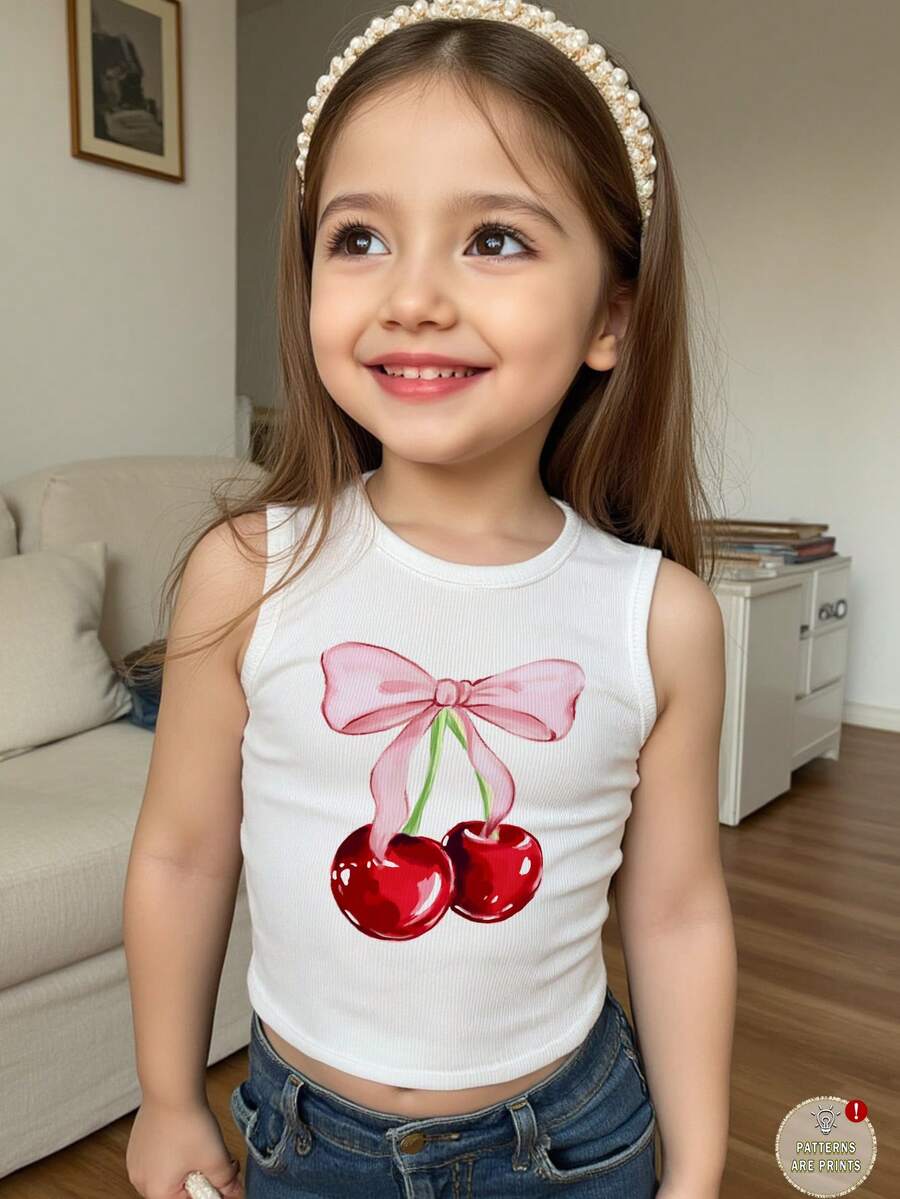 SHEIN Young Girl Cute Sweet Bow & Cherry Print Casual Minimalist Cartoon Pattern Sleeveless Round Neck Tank Top, Suitable For Summer - Multicolor - View 1