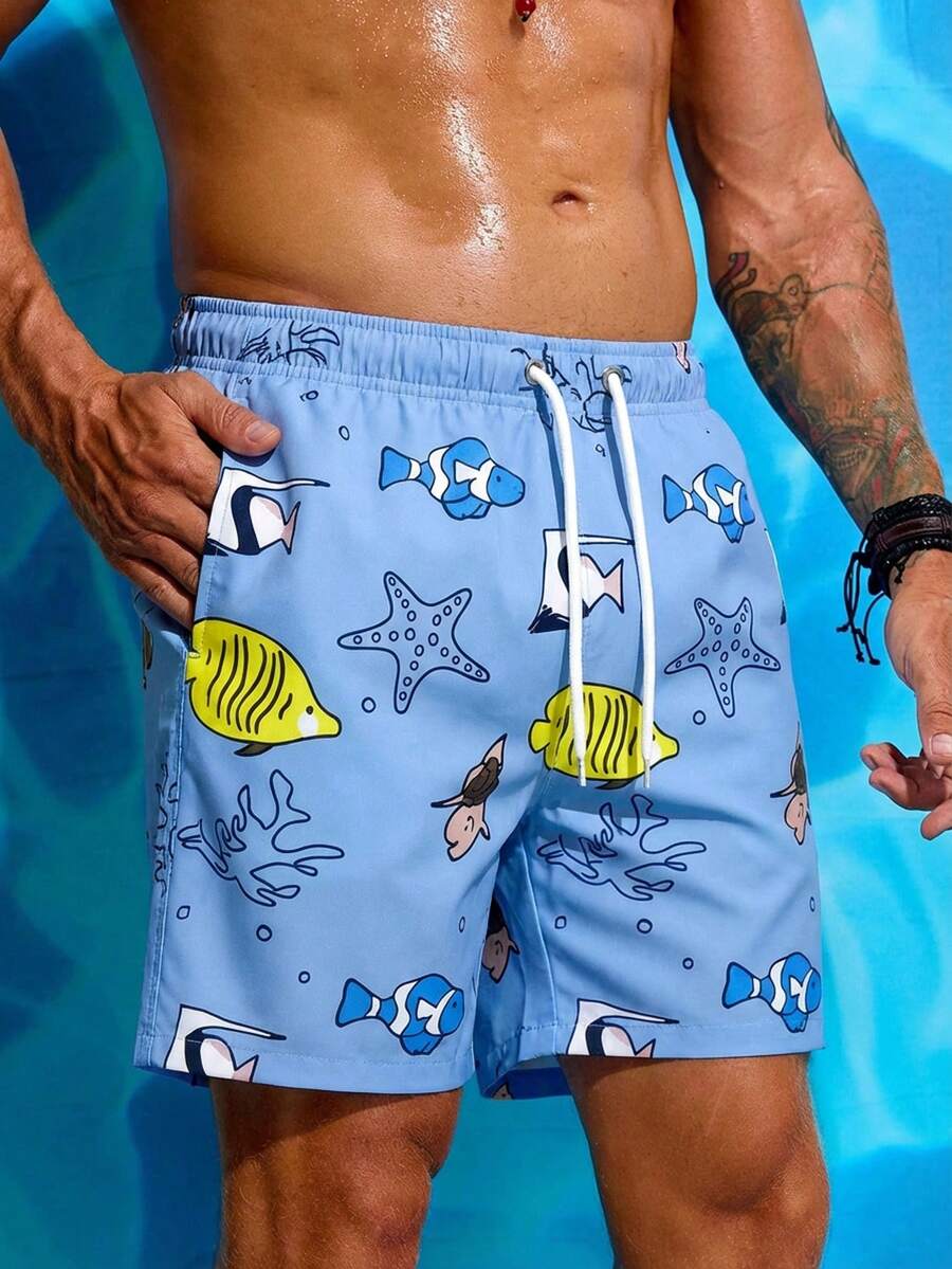 Manfinity Swimmode Men's Elastic Waist Drawstring Casual Starfish & Tropical Fish Print Beach Shorts Blue Men's Swim Trunk Men's Beachwear Men's Swimwear Fish Print Swim Shorts Swim Trunks Men Blue Casual Outdoor Beach Shorts, Drawstring Waistband, Single Layer Without Lining, Perfect For Casual, Vacation, Beachwear,Hawaiian - Multicolor - View 1