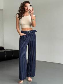 Rafferiza Quần sọc thời trang, gợi cảm, thanh lịch dành cho nữ, ống đứng ôm sát, gấu quần loe, cạp rộng có khóa kim loại, khóa kéo phía trước, lưng thun. - Nhiều màu - Xem 6