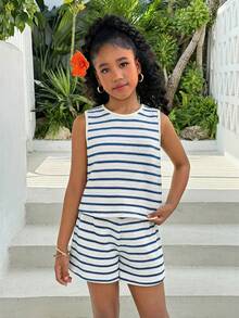 Tween Girl Spring/Summer New Knit Minimalist Striped Sleeveless Top With Bow Decor And Shorts 2-Piece Set Summer Two Piece Set For Teen Girls Women 2 Piece Sets Summer Romper For Teen Girls Tween Girl Clothes Romper Mommy And Me Romper - Blue - View 2