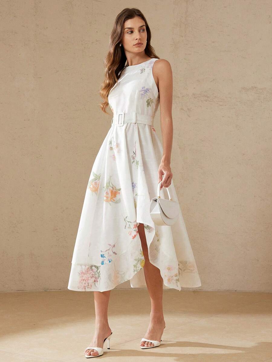 Aveloria Rosie Đầm nữ thanh lịch, sang trọng, kiểu dáng thường ngày, chất liệu chiffon, họa tiết lãng mạn, cổ tròn, không tay, thắt eo, dáng suông, vạt bất đối xứng, chất liệu tre đan. - Nhiều màu - Xem 1