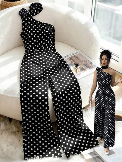 Elenzga Bộ jumpsuit nữ thanh lịch, thoải mái, màu đen, cổ áo bất đối xứng, đính hoa hồng, không tay, ôm dáng, thích hợp cho mùa xuân/hè.