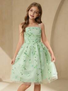 SHEIN Tween Girls' Green Floral Summer Elegant Vacation Mesh Formal Dress,Spaghetti Strap Off Shoulder Birthday Wedding Flower Girl Party Prom Dresses - Green - View 3