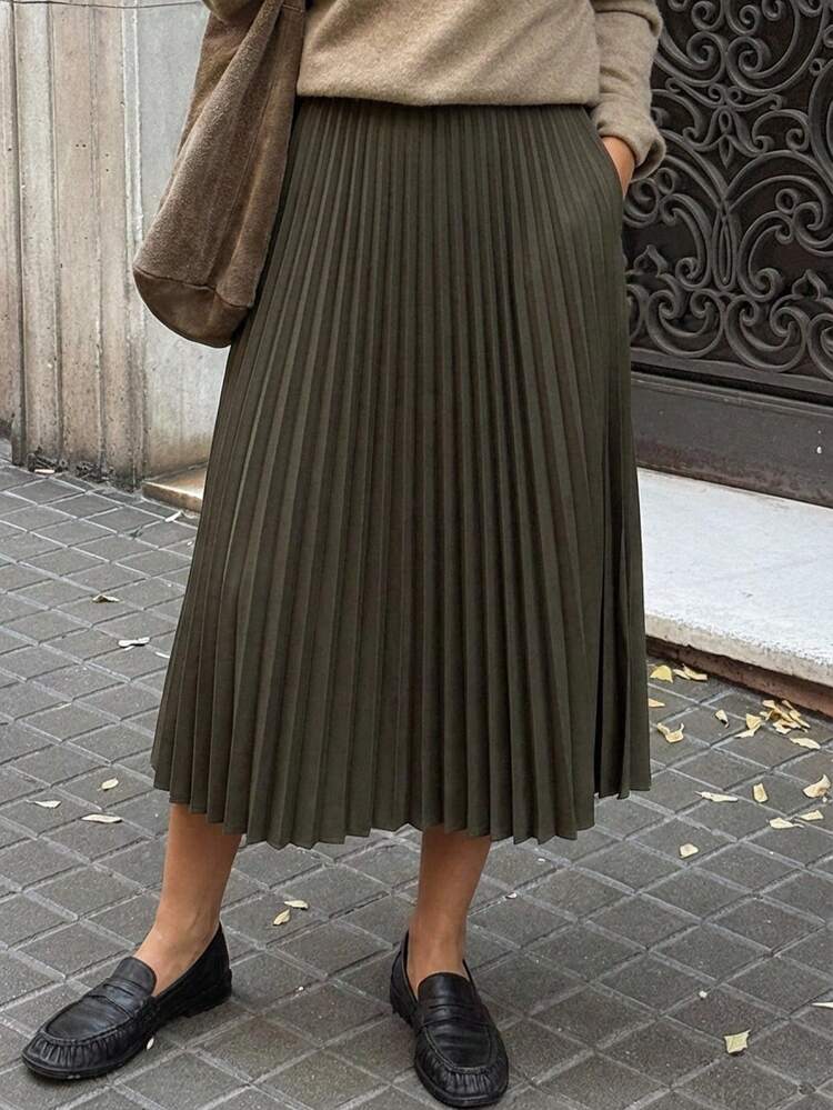 Women's Elegant Side Zipper Solid Color Pleated Skirt, Autumn Business Casual Woman