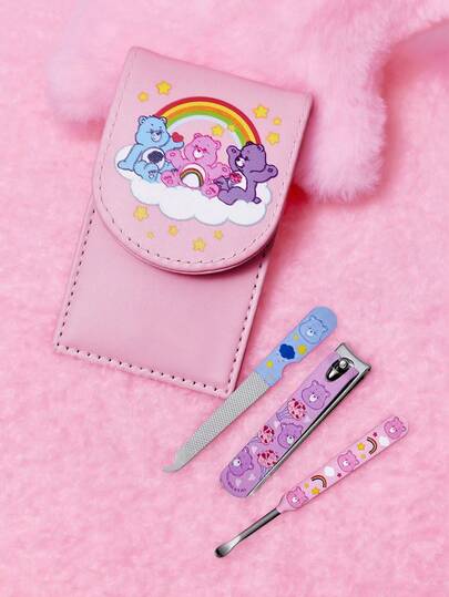 SHEIN X Care Bears 4pcs Portable Nail Clipper Set With Pink Storage Bag,Premium Stainless Steel Manicure Set ,Professional Beauty Kit Includes Nail Clipper & Portable Nail File & Ear Pick, Personal Care Set For Travel Or Home Use,Durable, Salon-Quality Tools For Easy At-Home Grooming