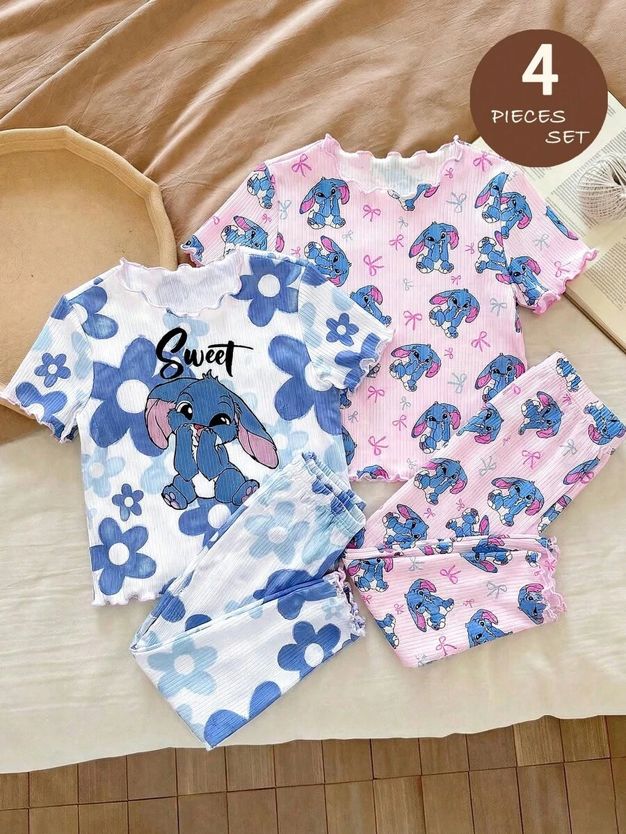 LMoss Kids Ensemble de pyjama à manches longues et pantalon pour jeunes filles, style ballerine, motif floral dégradé rose, imprimé nœud rose, lapin bleu Lulu et Stitch, convient pour l'été, le style streetwear, le style sportif décontracté de campus, le pique-nique en plein air, la sortie, la photographie de rue, la maison, le campus - Multicolore - Voir 1