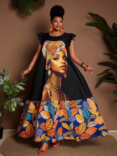 Maweii Plus Size Women's Vacation Design Graphic Print Ruffle Sleeve Round Neck Maxi Dress, Versatile Fashion Item For Party, Gathering, Vacation, Beach, Spring/Summer, Romantic, Date Night, Valentine's Day, All Season