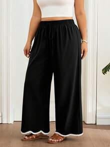 SHEIN Frenchy Plus Size Women Contrast Color Casual Versatile Wide Leg Pants For Daily Wear Brown Pants For Women Gym Summer - Black - View 3