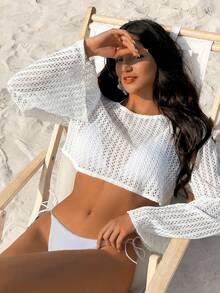 Swim Mod 性感镂空针织披肩，露肩短款比基尼罩衫，适合海滩度假和春夏穿着 - 白色 - 查看 3