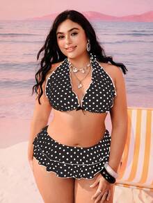 Swim Mod Bộ bikini hai mảnh cỡ lớn dành cho nữ, màu đen chấm bi, kiểu buộc dây cổ, gợi cảm, thích hợp cho kỳ nghỉ biển. - màu đen - Xem 4
