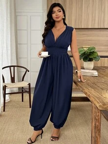 Weeklong Tuta senza maniche con vita stretta e scollo a V, casual per vacanze e uso quotidiano, primavera/estate, taglie comode - Blu Navy - Visualizzare 6