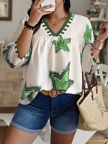 Weeklong Plus Size Random Print V-Neck Casual Holiday Shirt - Multicolor - View 1