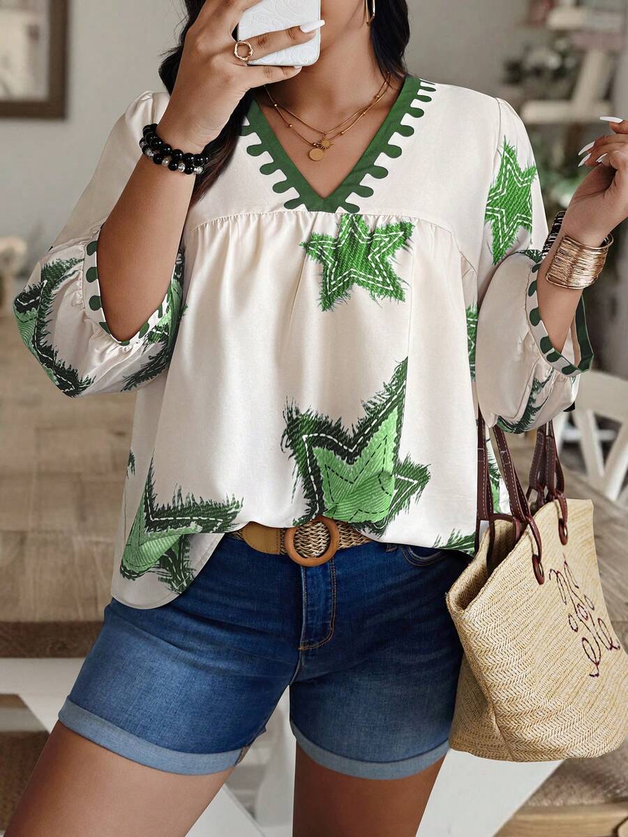 Weeklong Plus Size Random Print V-Neck Casual Holiday Shirt - Multicolor - View 1